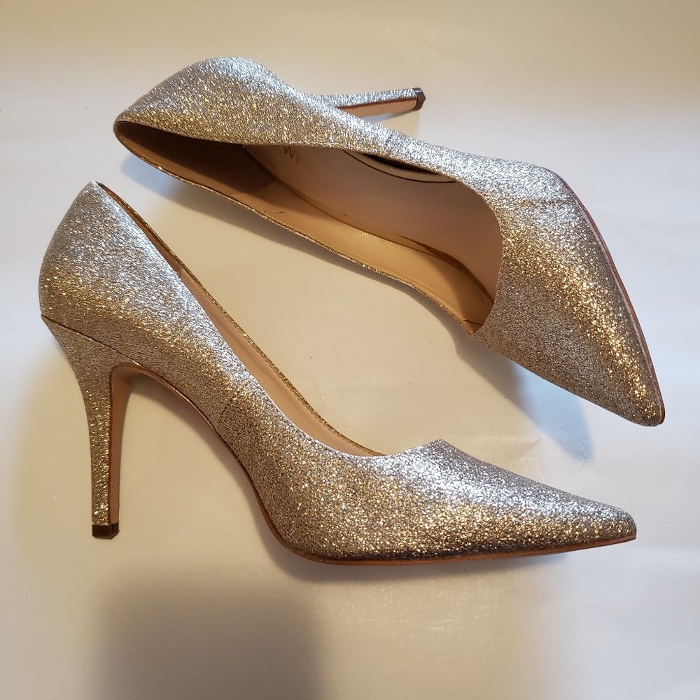 Nine West Jackpot Pump Pointed Toe Heels Gold Glitter 10M Used